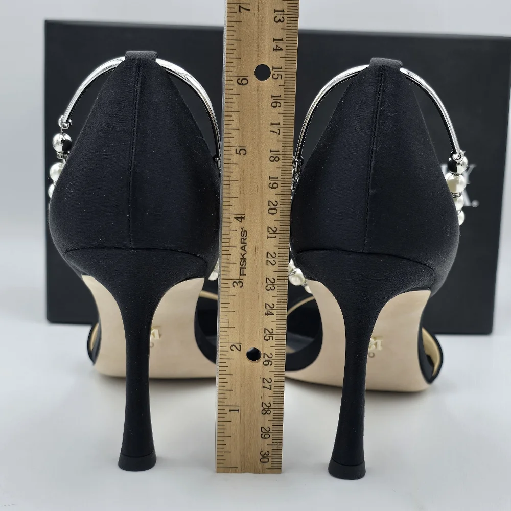 NIB Badgley Mischka Loretta Dual Pearl Strap Stiletto Heel Sandals, Black Satin - Picture 11 of 16